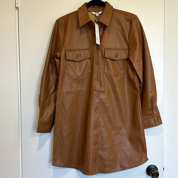 BB Dakota Vegan Leather Button Down Mini Shirt Dress, Caramel Brown, Size Small - Picture 3 of 3